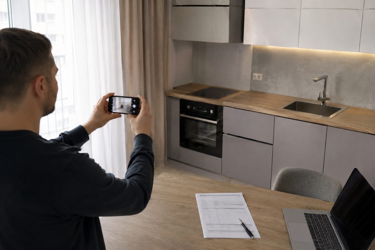 Арендодатель фотографирует на смартфон состояние кухни перед сдачей квартиры, на столе лист описи имущества и ручка, текст на бумаге нечитаем, современная светлая российская квартира, мягкий дневной свет