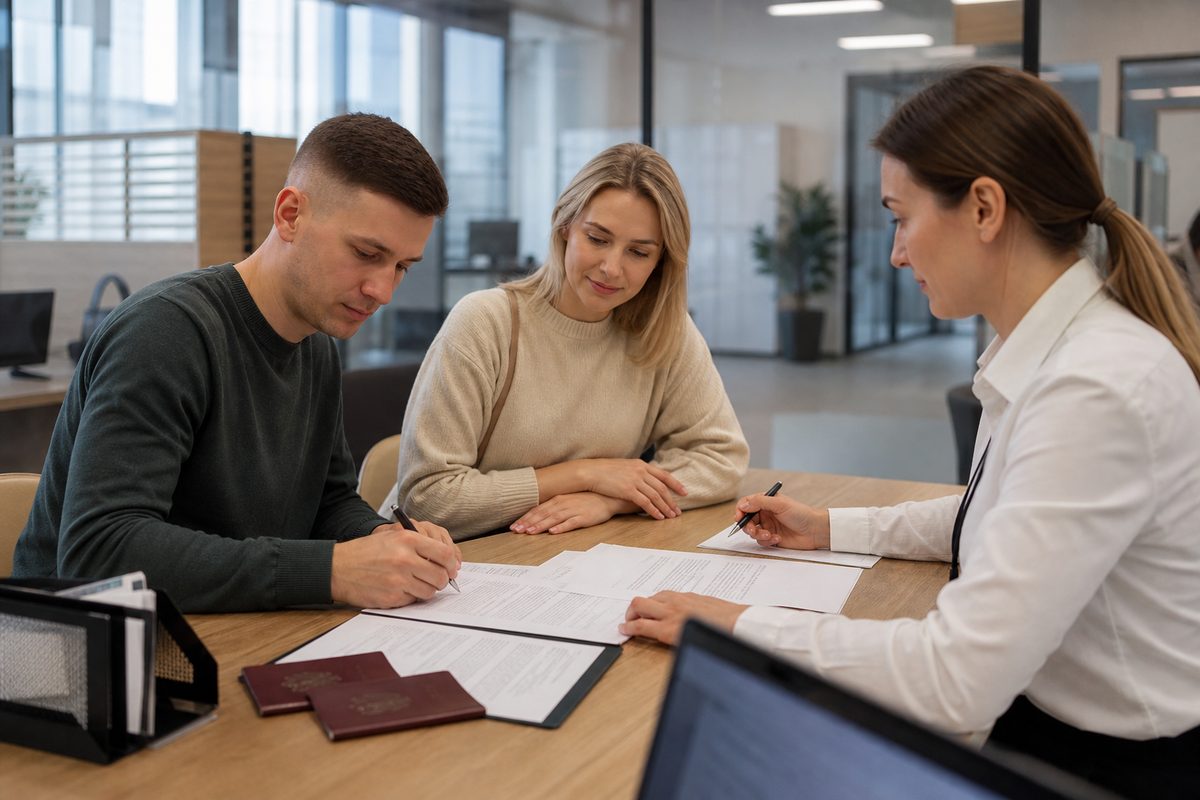 Продавец и покупатель подписывают договор купли-продажи квартиры за столом в офисе МФЦ, рядом лежат паспорта и папка с документами, текст на бумагах мелкий и нечитаемый
